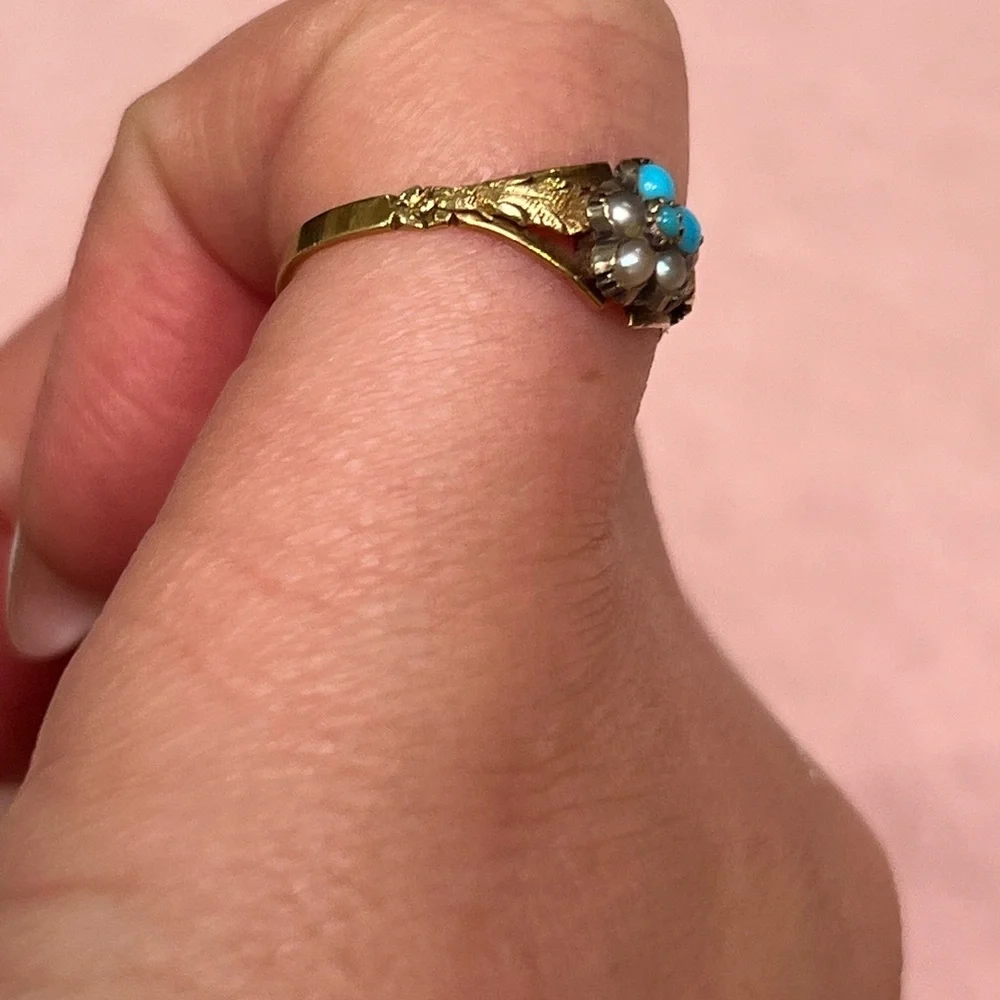 14K Gold Georgian/ Victorian Seed Pearl & Persian Turquoise Flower Cluster Ring